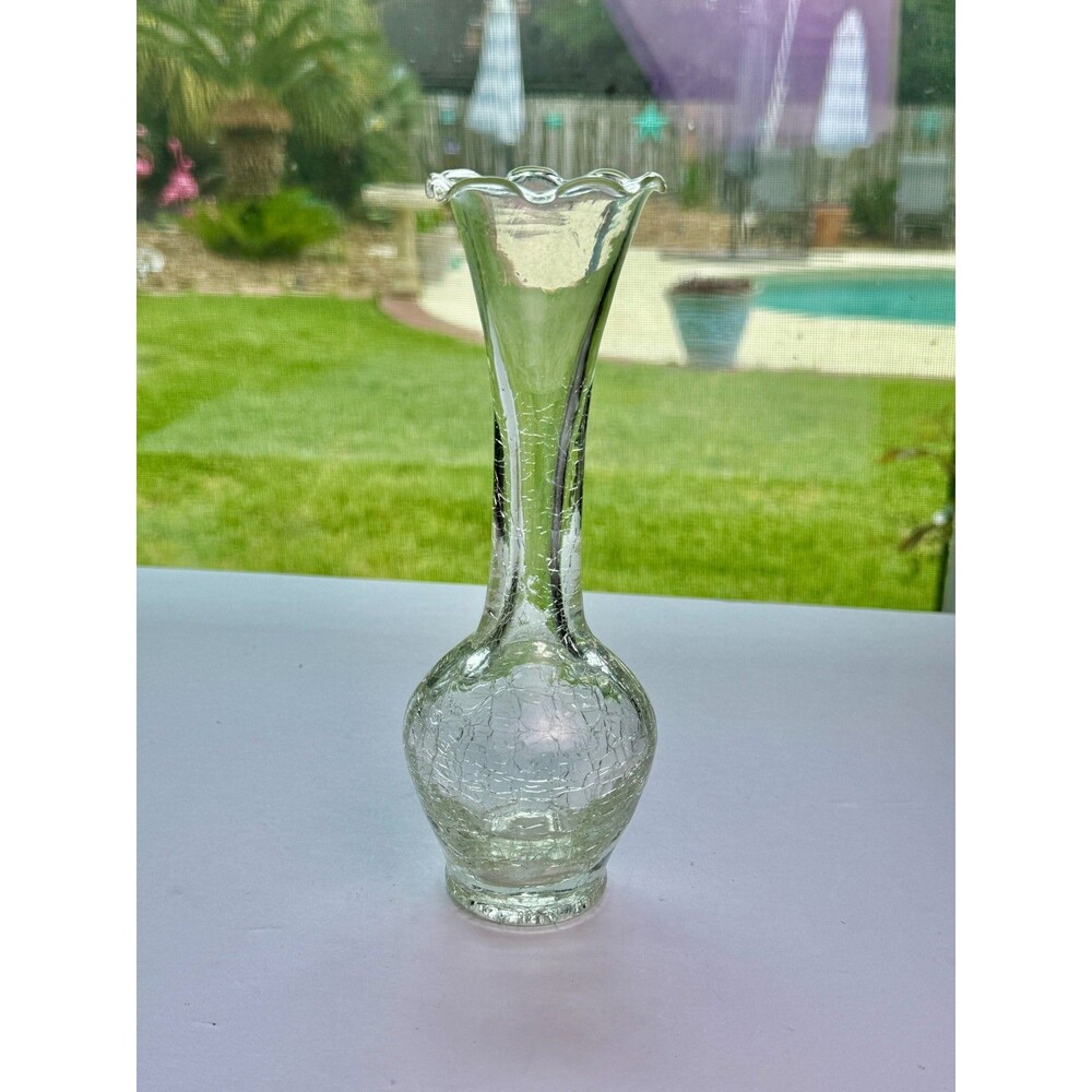 Bud Vase Clear Crackle Glass Ruffled Top Hand Blown 8in